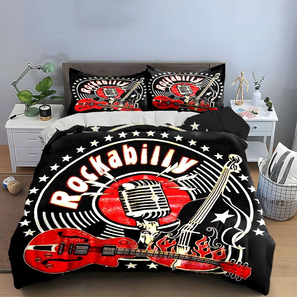 Rockabilly Music Retro Design Bedding Duvet Cover Set Duvet Cover Pillowcases (1*Duvet Cover 2*Pillowcases, without duvet insert)