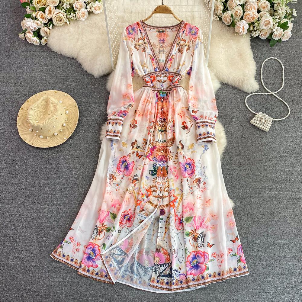 Temperament Sukienka z długim rękawem, dekoltem w serek, talią, jednorzędowa, z nadrukiem i rozkloszowanym dołem