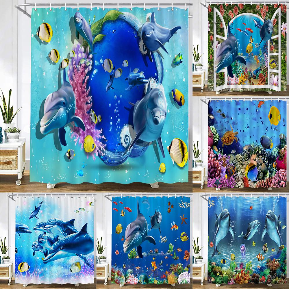 Dunika Chen Cartoon Ocean Dolphin Shower Curtain,Waterproof Bathroom Screen Sea Animal Shower Curtain Polyester High Quality Home Curtain
