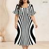 Women Plus Size Two Piece Dress Set Black White Geometric Printed Batwing Sleeve Cropped Shrug Strappy Flared Dress
