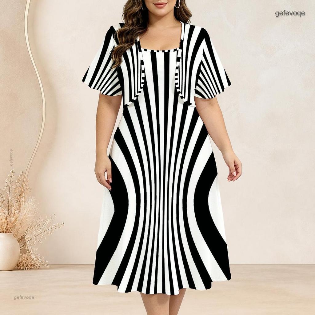 Women Plus Size Two Piece Dress Set Black White Geometric Printed Batwing Sleeve Cropped Shrug Strappy Flared Dress