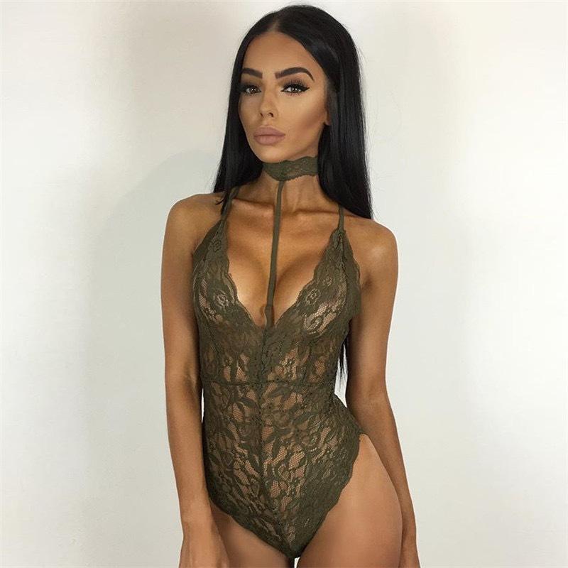 Sexy Woman Underwear Black Floral Lace Sleepwear Choker V-Neck Bodysuit Playsuits Female Costumes Sexy Lingerie Set