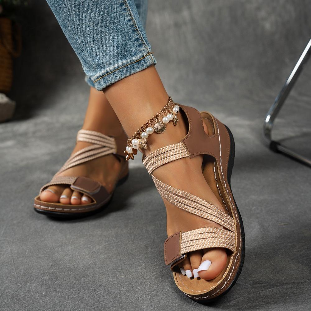 Sandali da pescatore estivi da donna: Cinturino alla caviglia regolabile, Zeppa con plateau open-toe, Scarpe casual da esterno da spiaggia di alta qualità, Tacco basso e comode