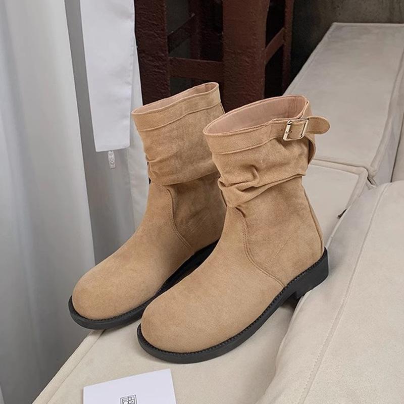 New spot retro simple and thin low-heeled Martin boots women's 2025 new autumn and winter niche all-match buckle locomotive