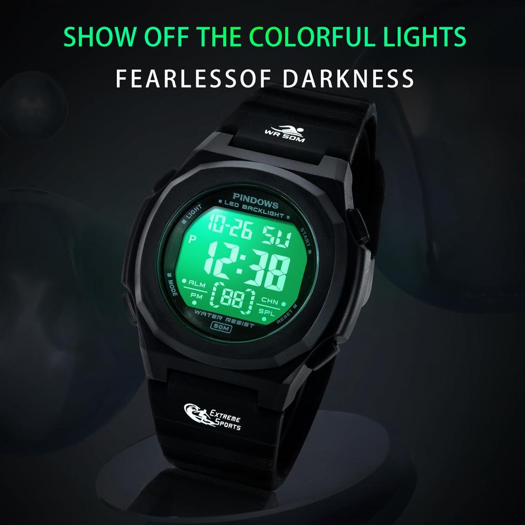 The PINDOWS Digital Sports Watch Is Water Resistant To 50 Meters and Features an LED Alarm and Makes a Perfect Gift for Women Women's Backlight,