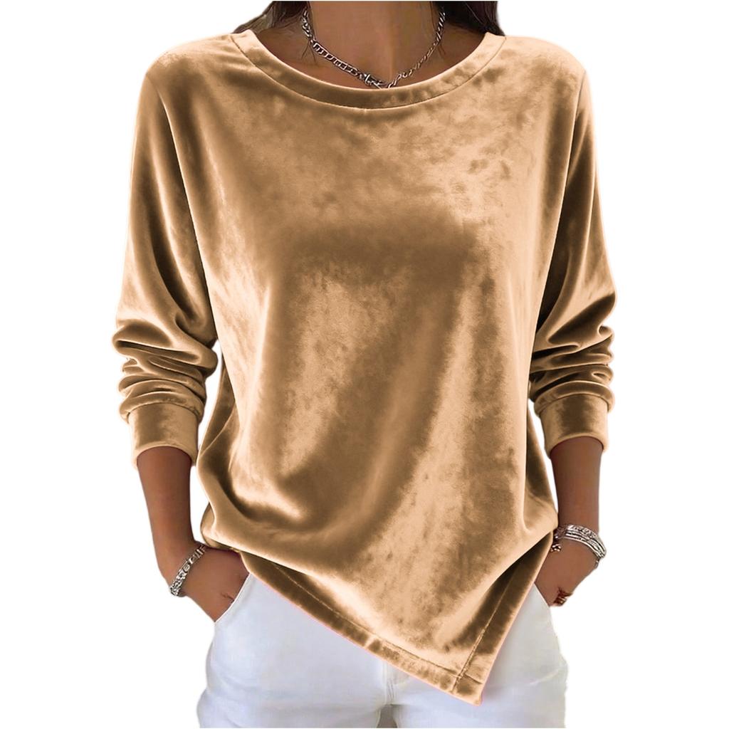 Damen Casual Rundhals Samt Farb Langarm Oberteil