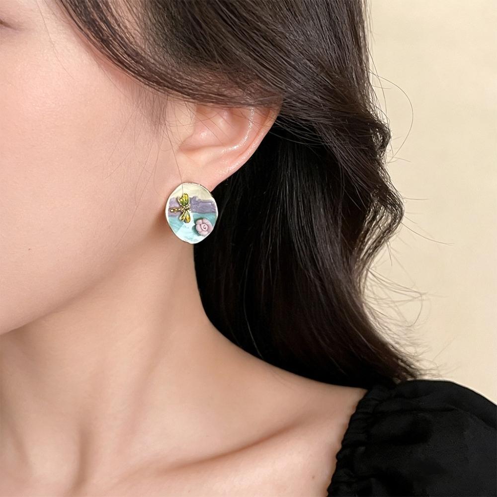 Retro oil painting flower earrings French super fairy purple oil drop earrings high-end earrings