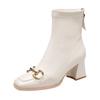2025 new British Martin boots square head white short boots spring and autumn single boots horse buckle high heels thick heel