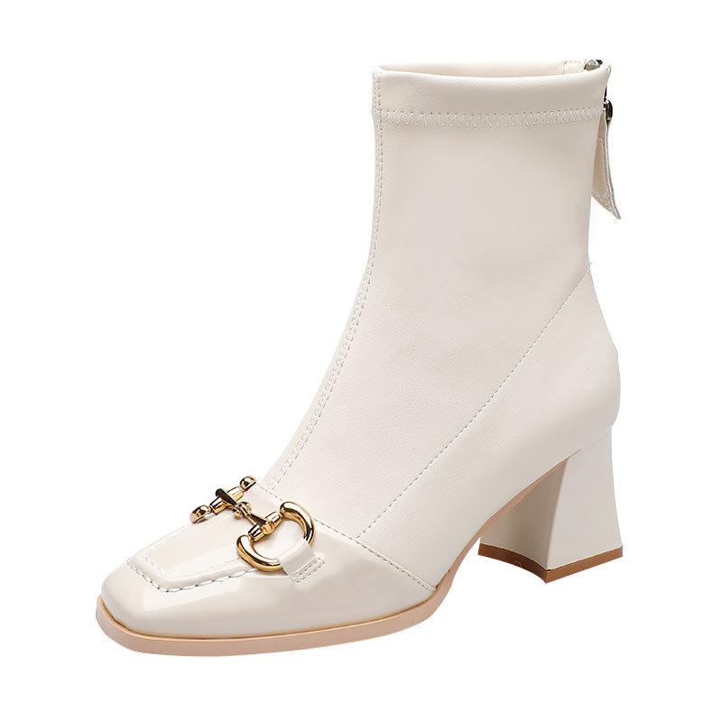 2025 new British Martin boots square head white short boots spring and autumn single boots horse buckle high heels thick heel