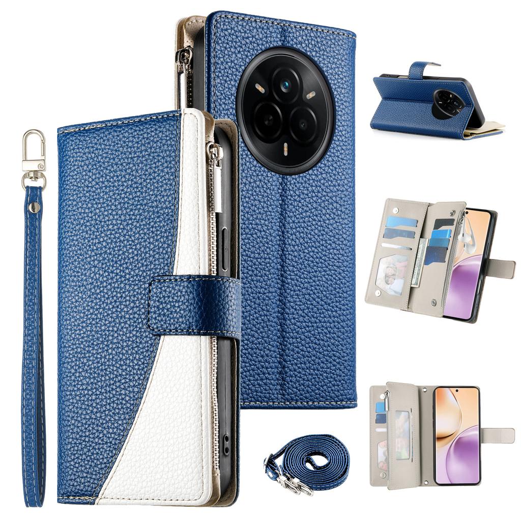 For Realme 14 Pro 5G Case Zipper Wallet Color Splicing Leather Flip Phone Cover with Straps