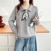 2025 Autumn Plus Size Women's Bow Collar Knit Top - Long Sleeve Pullover