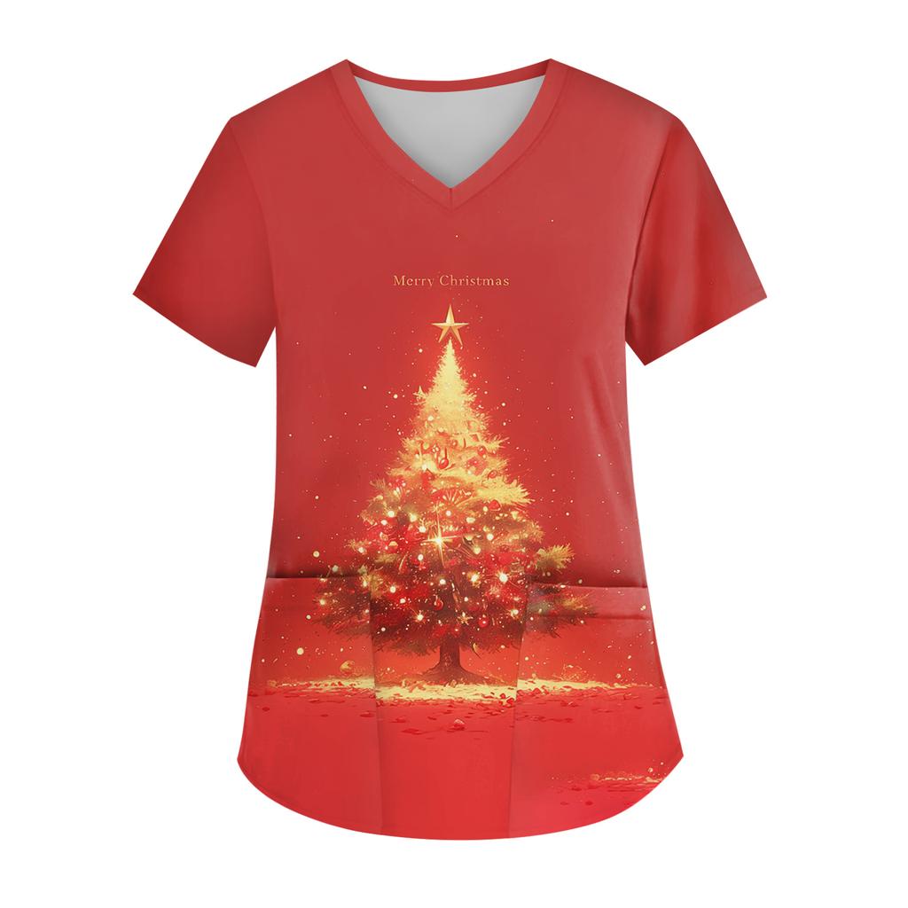 Women's V-neck Christmas Print Short-sleeved Pocket Side Slit Uniform Top