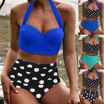 Women's Two Piece Swimsuit Halter Neck Top with High Waist Polka Dot Print Bottom Summer Beachwear Bathing Suit Set