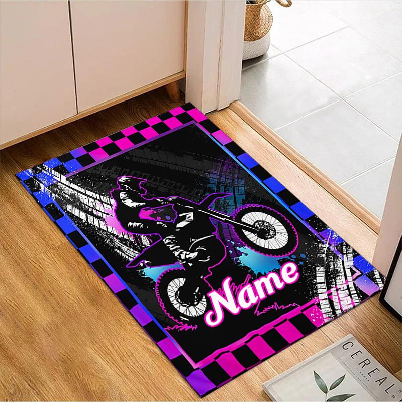Custom Name Sport Bike Rug for Living Room, Game Rooms, Office, Bedroom, Floor Mat Playful Design, fan gifts Christmas decor
