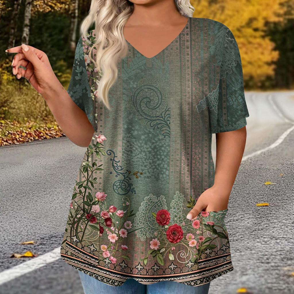 Women's Fashion Plus Size Printed Short Sleeve Blouse For Elegant Commuting And Casual Wear