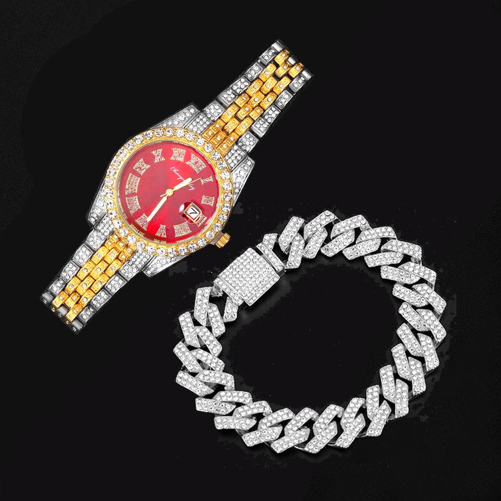 Iced Out red Color Watch Women's Luxury Rhinestone Cuban Chain Bracelet Watches Fashion Wrist Watch Hip Hop Jewelry new Men Gift