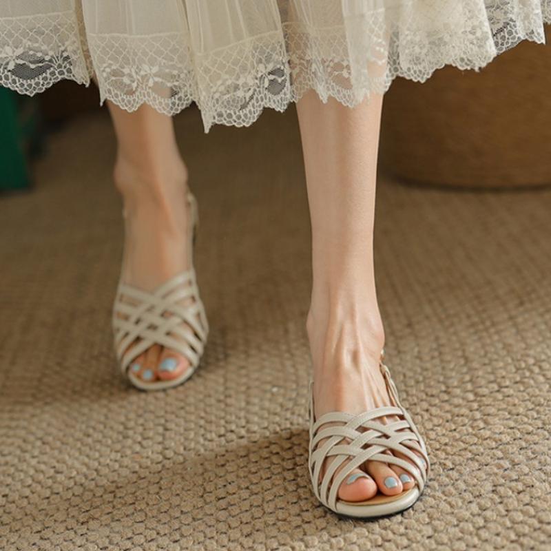Rome Woven Sandals Women Flat European and American Women's Shoes White Low Heel Hollow Fish Mouth Shoes