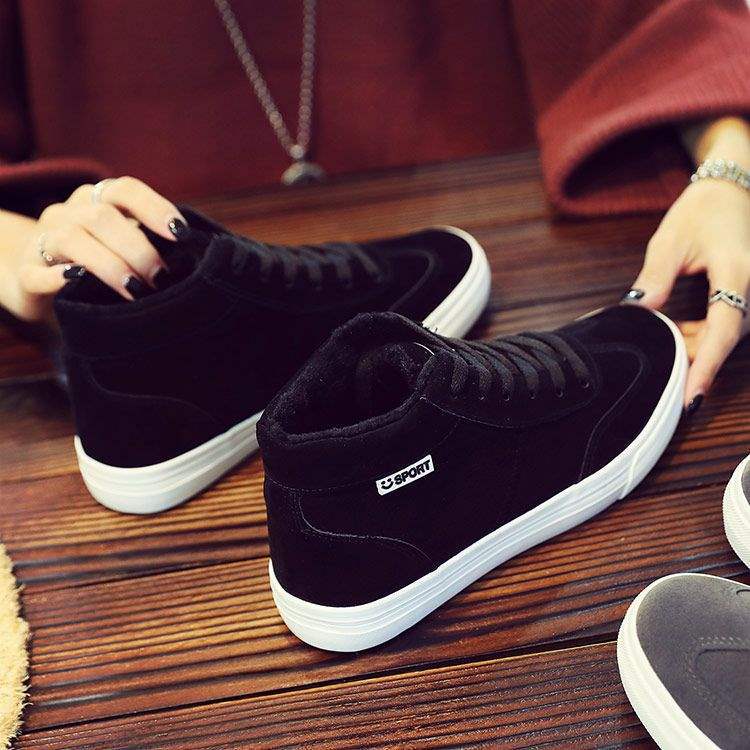 Autumn and Winter High-top Couple Large-size Canvas Board Shoes Children Black Velvet Cotton Shoes Work Leisure Flat-bottom Fashion Trend