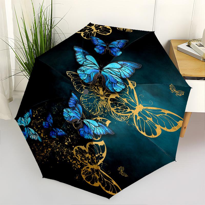 Blue and Gold Butterfly Wall Art Decor, Elegant Nature Inspired DesignUmbrella, Cute Umbrella with Cute Design, Portable 3-Fold Compact Umbrella for M