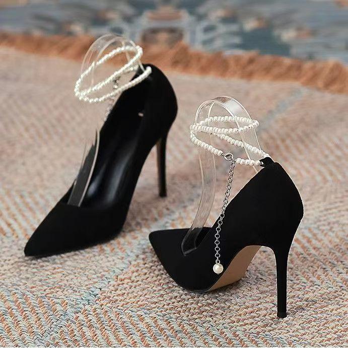 2025 new one-word with stiletto black beautiful high heels women's pointed pearl anklet feeling single shoes are not tired