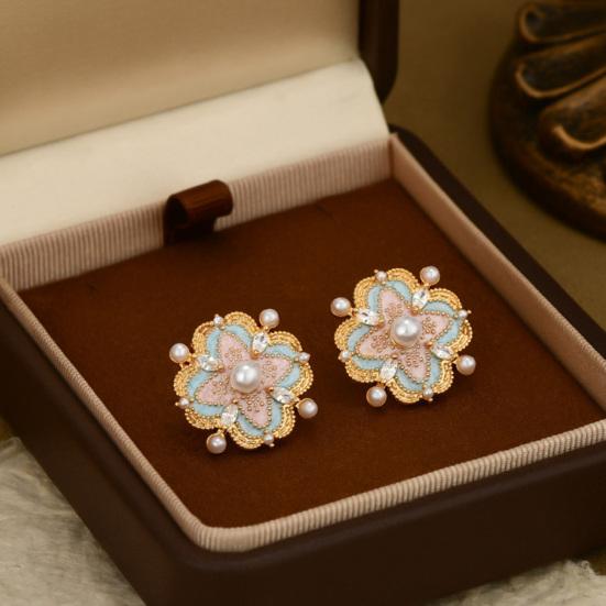 1 Pair Stud Earrings Imitation Pearl Cubic Zirconia Stone Inlaid Flower Shape French Style Blue Enamel Ear Studs Jewelry Gift