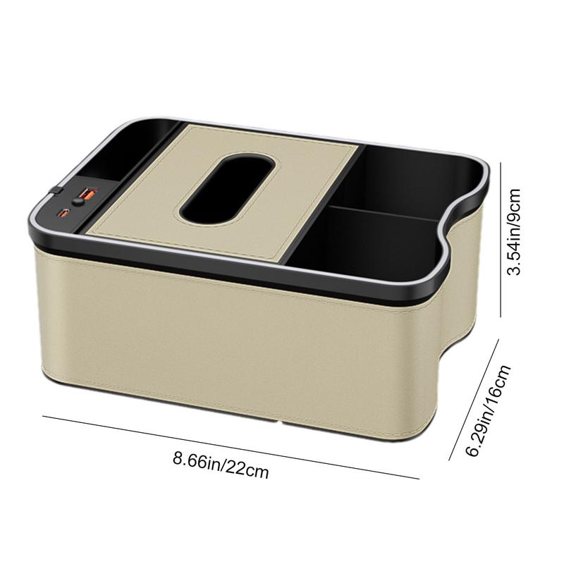 Car Console Organizer Car Organizer Tissue Holder USB Rechargeable Storage Organizer With Ambient Light Tissue Box Cell Phone