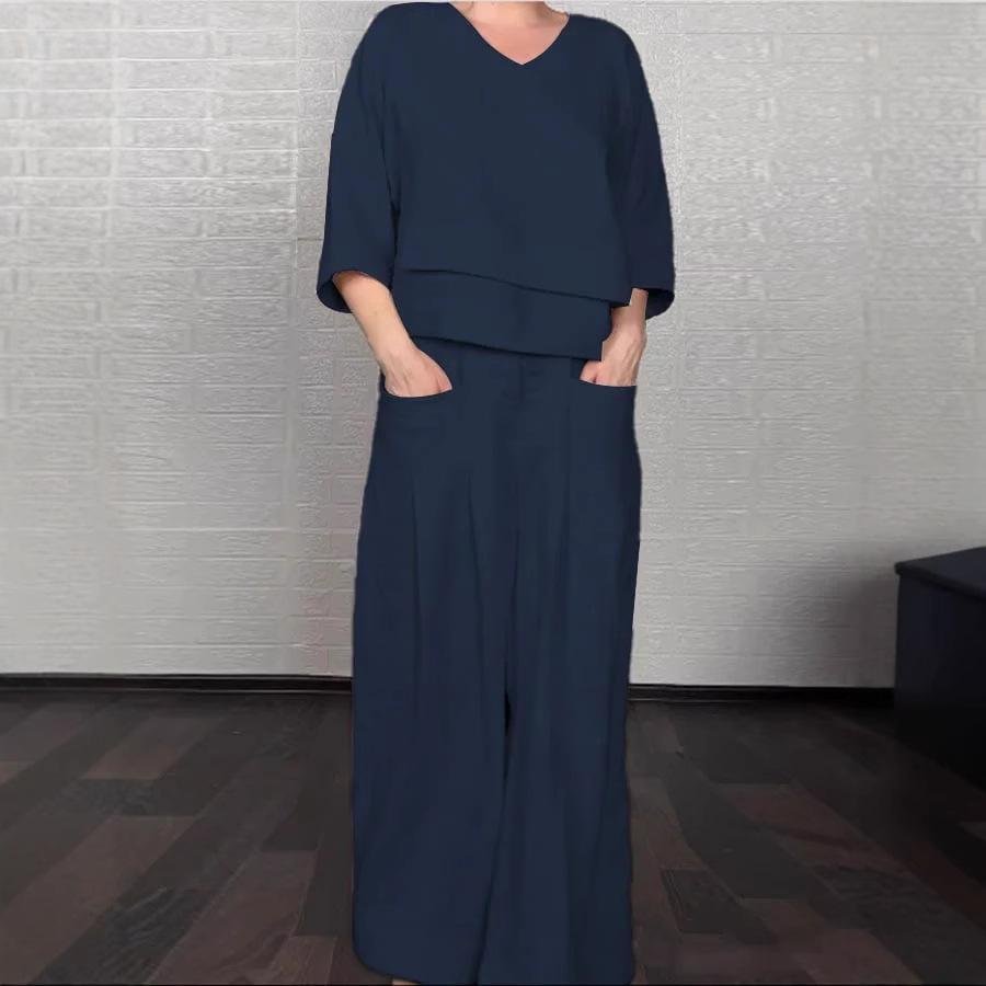 Women's Loose Fit V-Neck Layered Top with Wide Leg Pants Set In White, Grey, Black, Navy, Beige