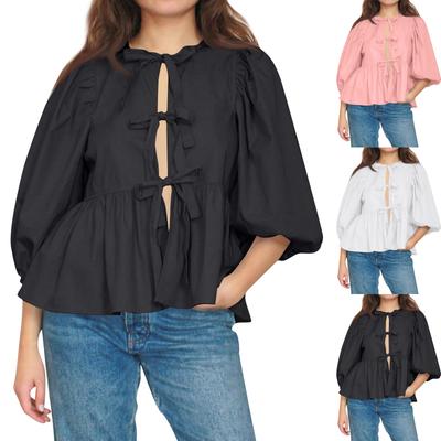 Tie Front Tops For Women Peplum Babydoll Top 3/4 Length Puff Sleeve Tops Cute Going Out Tops
