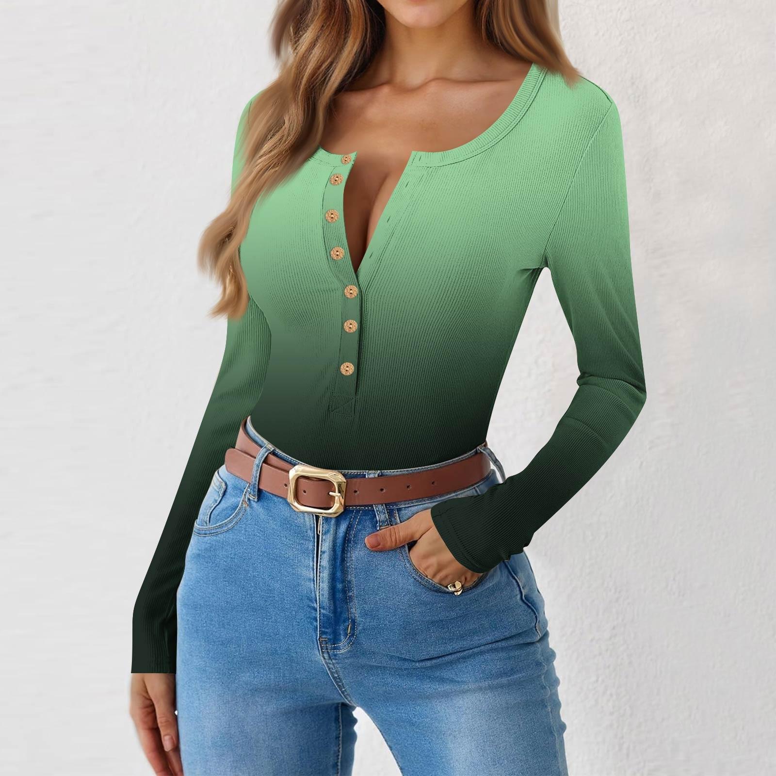 

Женская и зимняя футболка с тонким низом, модная повседневная футболка с градиентным принтом и круглым вырезом, пуловер с длинным рукавом XL зелёный