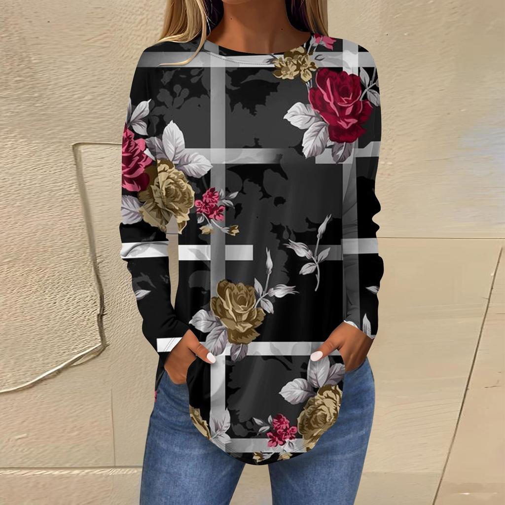 Tee Shirts For Women Fall Casual Long Sleeve Shirts Sweatshirt Retro Printing Top Pullover