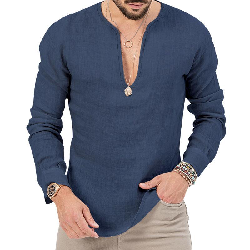Men Linen Blend Deep V Neck Long Sleeve Casual Loose Fit Solid Color Henley Shirt