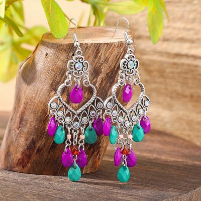 1 Pair Boho Ethnic Style Dangle Earrings for Women Rhinestone Inlay Antique Silver Tassel Eardrop Daily Wear Party Decors Gifts