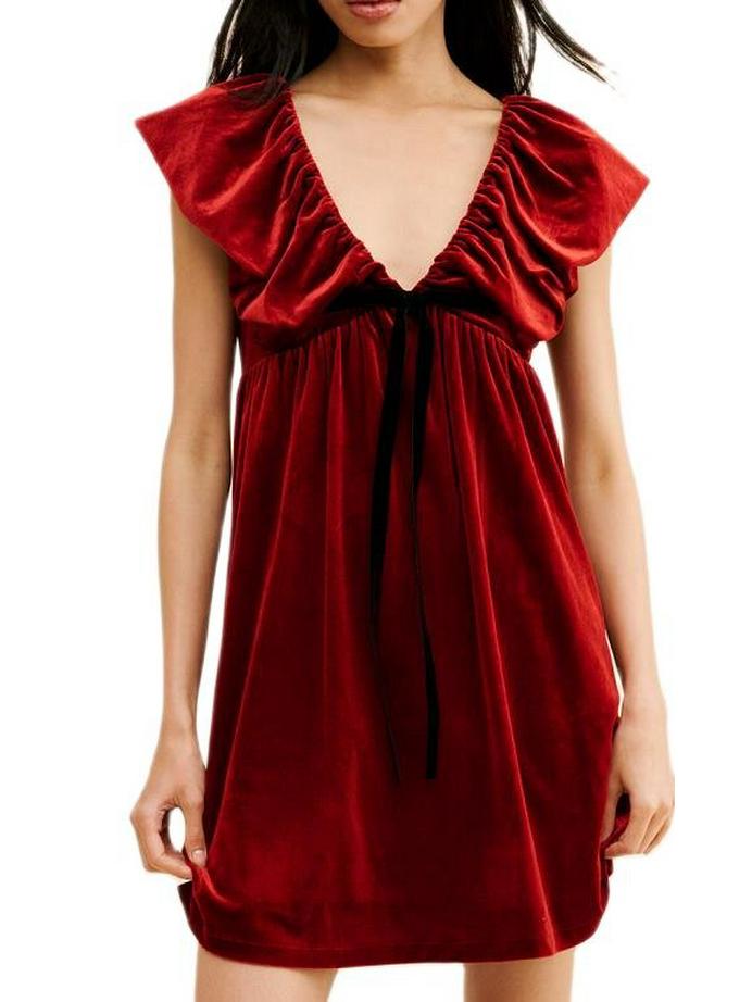 2026 Spring Sleeveless Velvet Dress with Ruffle V-Neck & Bow M бордовый