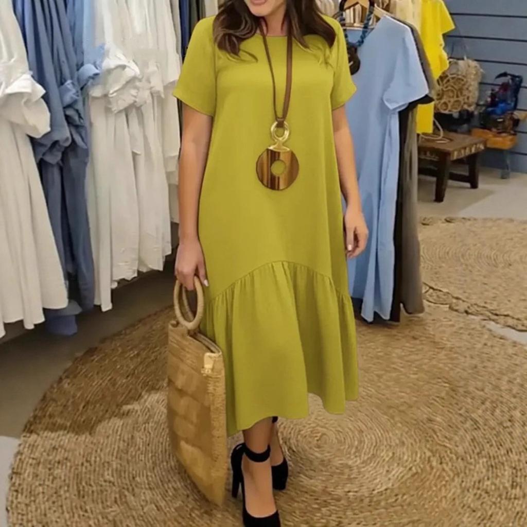 Women's Fashion Color Dress Round Neck Short Sleeve Casual Loose Ruffled Dress