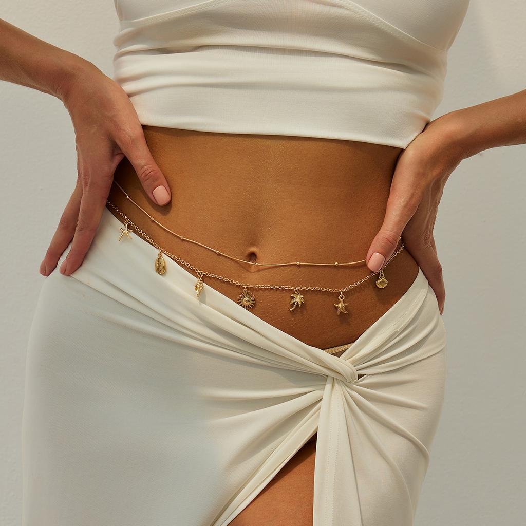 Vacation Style Starfish Shell Coconut Tree Pendant Waist Chain, Sexy Babe Body Chain Conch Waist Accessories