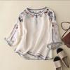 Damen Sommer Ethno-Stil Locker Stickerei Baumwolle und Leinen T-Shirt Dünne Ärmel Rundhals Tops