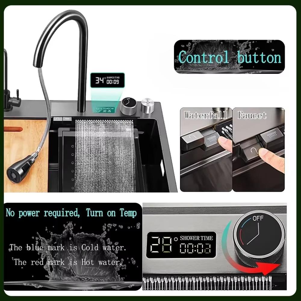 Kitchen Sink Waterfall Sink Temp Digital with cup washer Counter Controls Workstation Kitchen Sink single kitchen sinks Black
