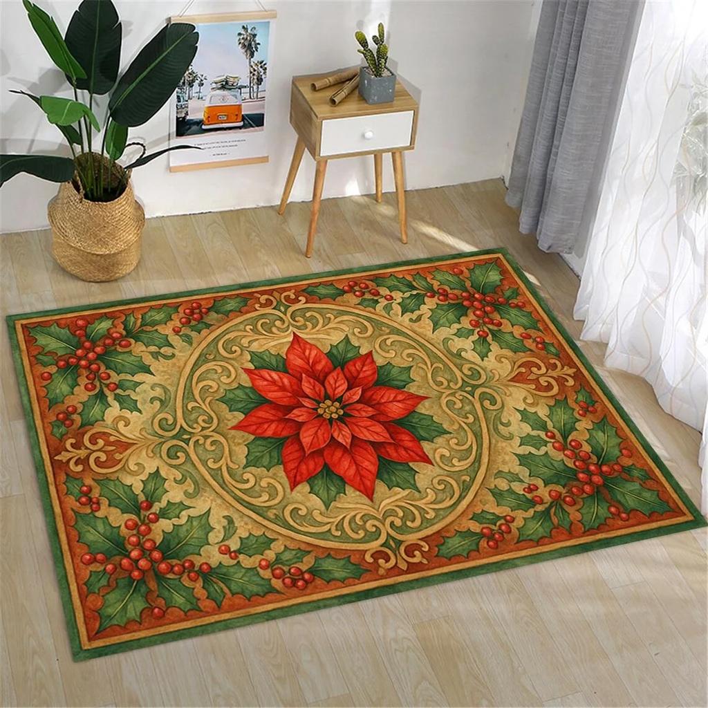 Christmas Poinsettia Floral Area Rugs Non-Slip Washable Carpet for Bedroom Living Room Rug Holiday Decor Floor Mat