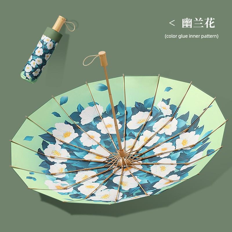 16-Rib Manual Opening Umbrella with Wooden Handle, Vintage Style, Black Coating for Sun Protection, One Piece