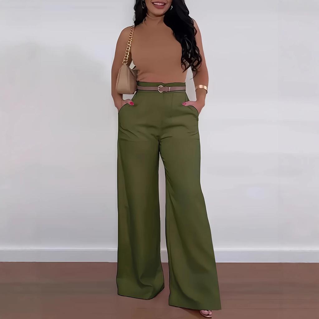 Women's Mid High Waist Belted Wide Leg Suit Pants Solid Non Stretch Formal Long Trousers With Side Pockets Spring Winter Elegant Office Bottoms