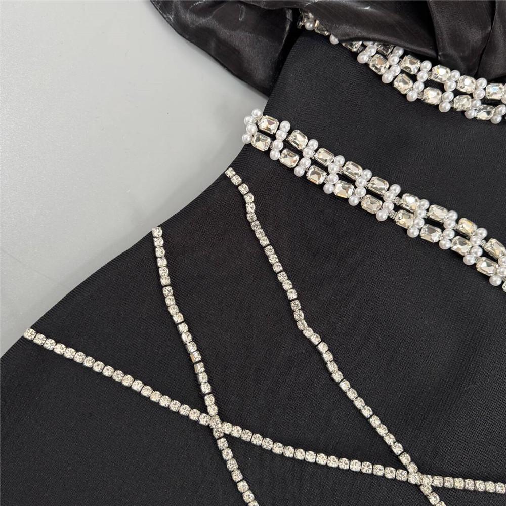 European & American Handmade Rhinestone V-Neck Bandage Patchwork Party Gown