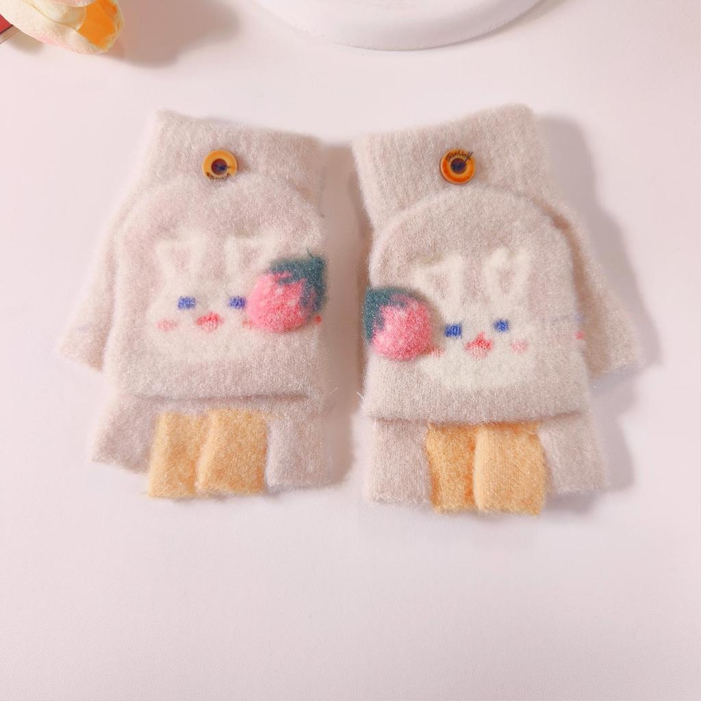 Girls' Cartoon Strawberry Rabbit Flip-Top Gloves - Warm Half-Finger, Autumn/Winter for Kids and Toddlers
