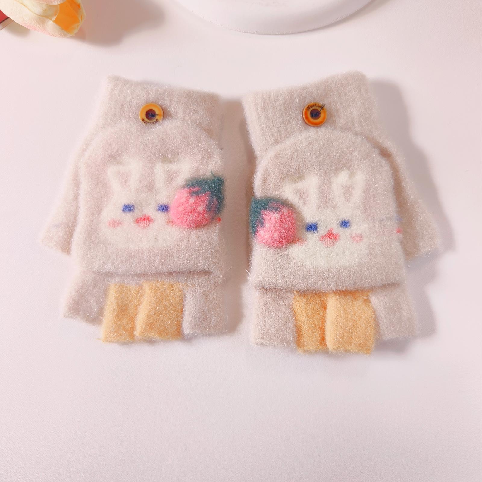 Girls  Cartoon Strawberry Rabbit Flip-Top Gloves - Warm Half-Finger, Autumn/Winter for Kids and Toddlers