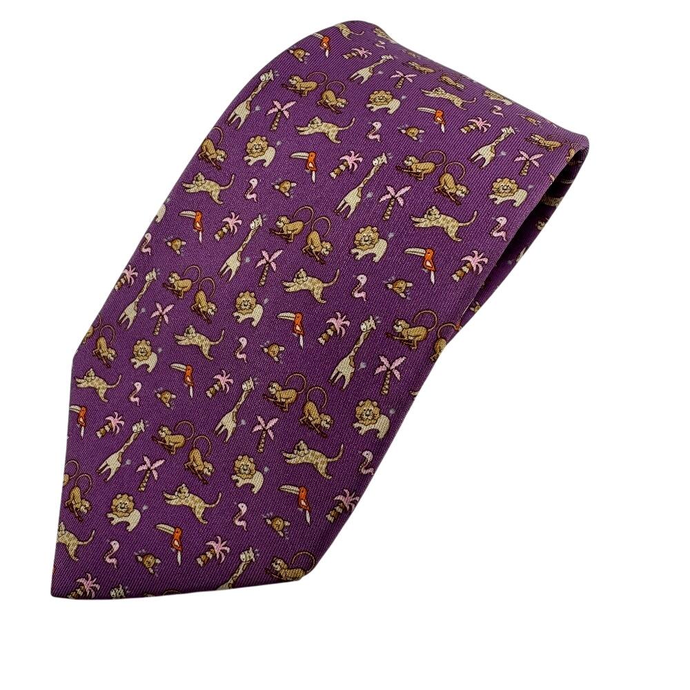

Salvatore Ferragamo Шелковый галстук с животным принтом, фиолетовый шелк, мужской, б/у