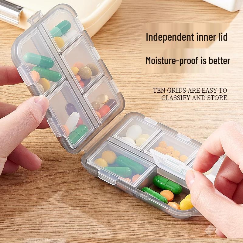 Compact Double-Layer Travel Pill Case: Portable Foldable 10-Compartment, Sealed Moisture-Proof Box for On-the-Go.