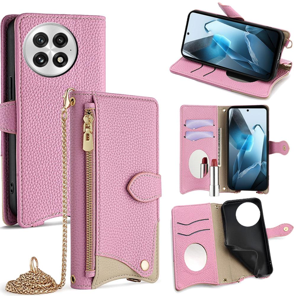

For OnePlus 13 Leather Case Wallet Stand Cover Irregular Tail Style with Chain Strap Pink
