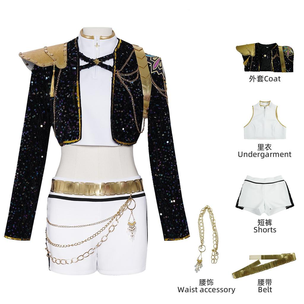 Rumi Zoey Mira Cosplay KPop Dämonenkostüm Jägerinnen Damen Schwarz Goldener Anzug Saja Jungen Halloween Rollenspiel Outfits