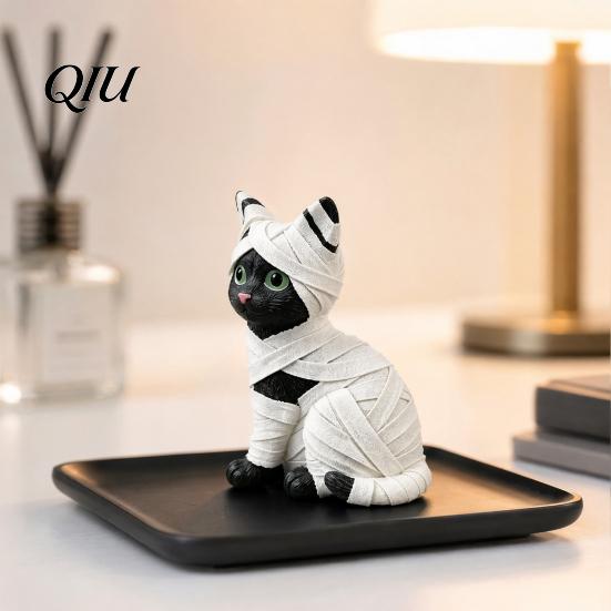 Horror-themed Decor Mummy Black Cat Resin Figurine, Halloween Kitten Statue with Big Eyes & Wrapped Bandages, Cute Desk Shelf Ornament for Spooky Home