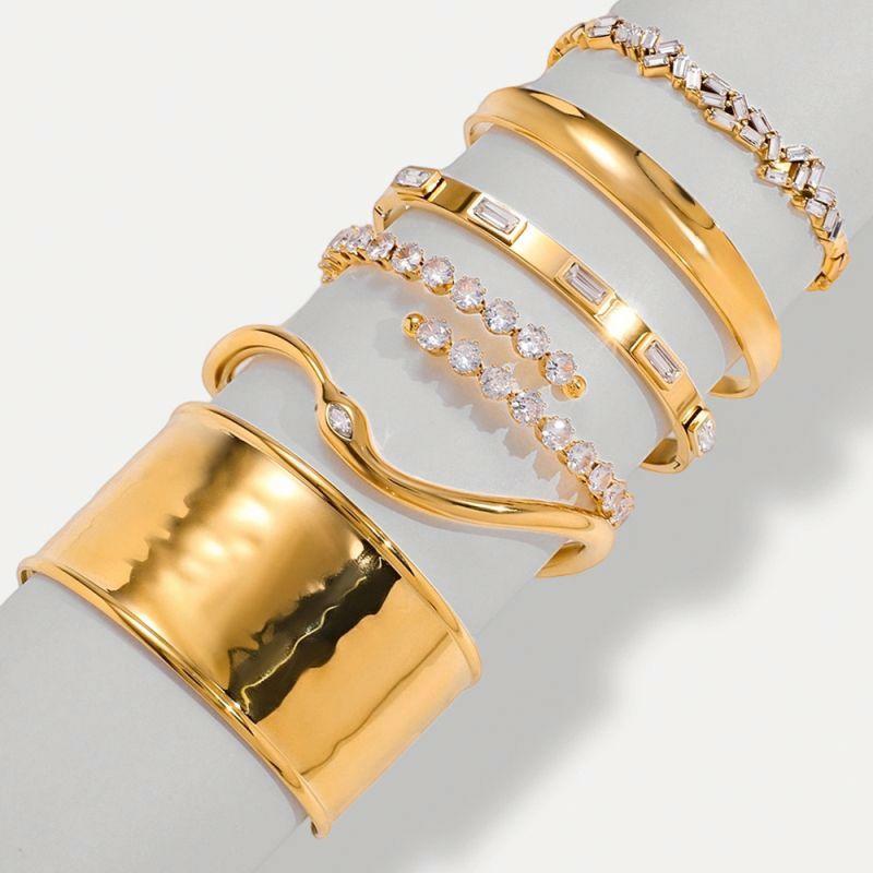 Unisex 18K Gold Plated Stainless Steel Trendy Chain Link Bracelet White Cubic Zirconia Waterproof Opening Bangles Gift Jjguoyi