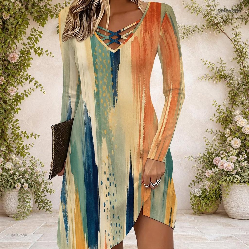 Women Criss Cross V Neck Long Sleeve Abstract Printed Casual Dress Curved Hem